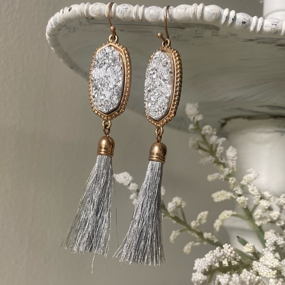Silver Druzy Tassel Dangle Earrings - Picture 8 of 14
